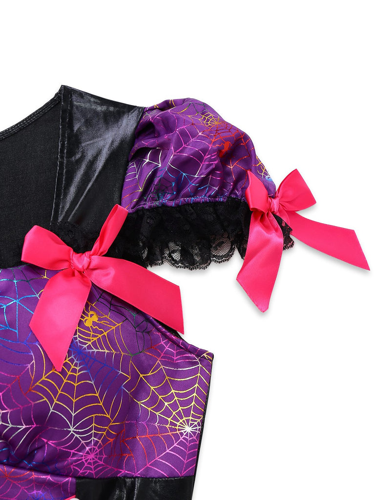 Purple 1970s Halloween Spider Web Witch Lace-Up Dress With Hat