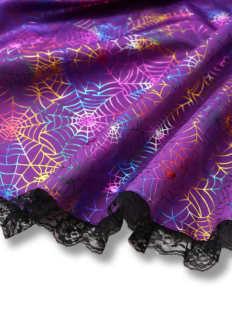 Purple 1970s Halloween Spider Web Witch Lace-Up Dress With Hat