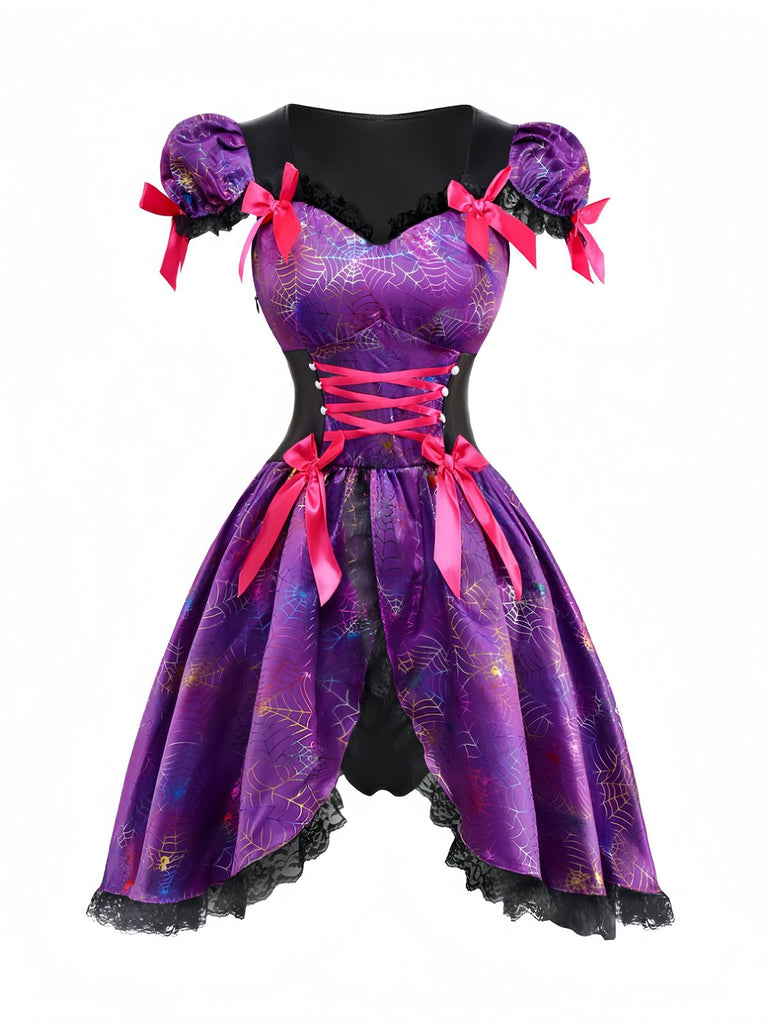 Purple 1970s Halloween Spider Web Witch Lace-Up Dress With Hat