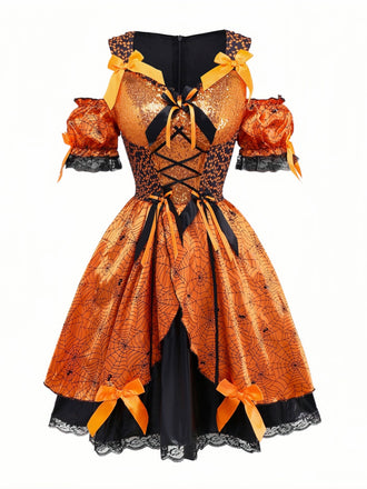 Orange 1960s Halloween Pumpkin Spiderweb Puff-Sleeve Dress