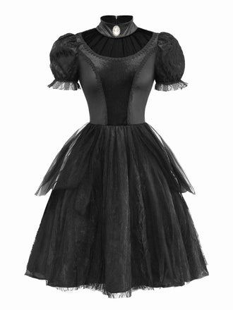 Black 1950s Evil Vampire Puff Sleeve Mesh Dress
