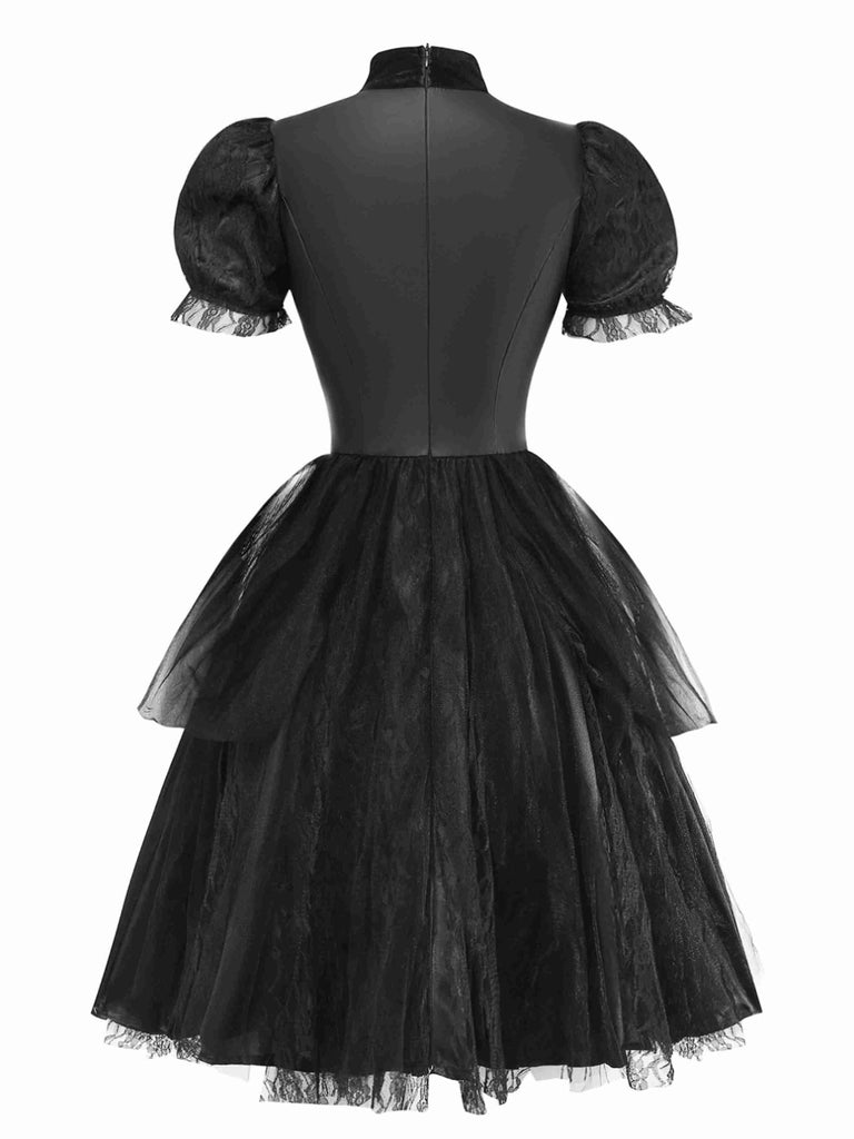Black 1950s Evil Vampire Puff Sleeve Mesh Dress