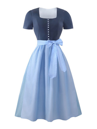 2PCS Blue Grey 1950s Solid Square Neck Dress & Apron