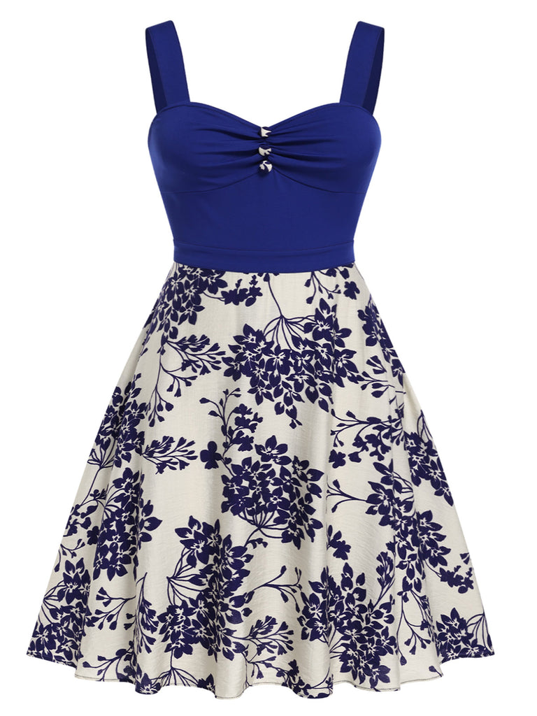 [Pre-Sale] [Plus Size] Blue 1950s Floral Button Sweetheart Neck Dress