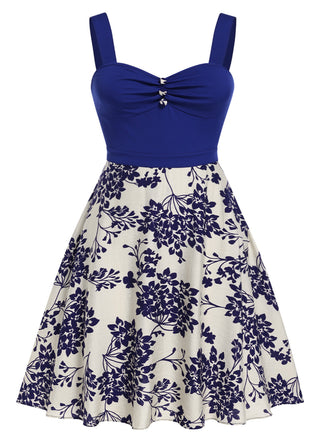 [Plus Size] Blue 1950s Floral Button Sweetheart Neck Dress