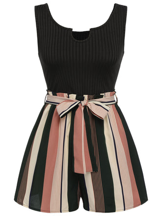 [Plus Size] 1950s Stripes Knitted Belted Romper