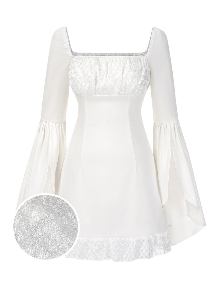 [Pre-Sale] White 1960s Split Flare Sleeve Lace Ruched Dress
