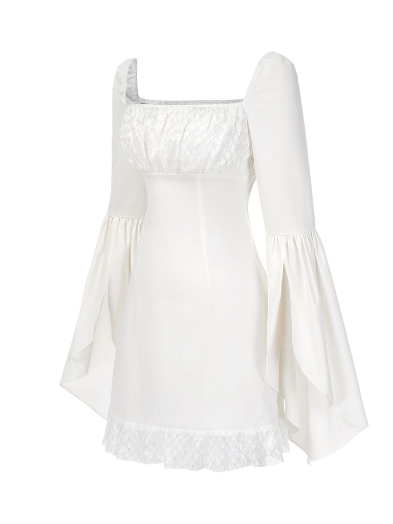 [Pre-Sale] White 1960s Split Flare Sleeve Lace Ruched Dress