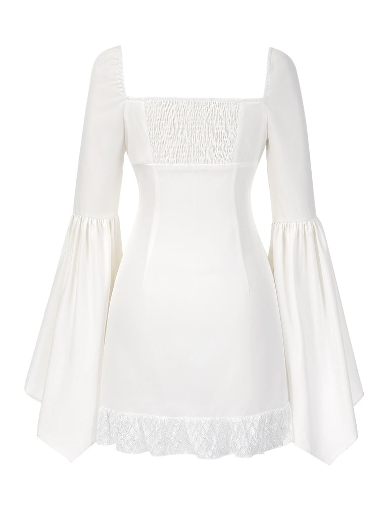 [Pre-Sale] White 1960s Split Flare Sleeve Lace Ruched Dress