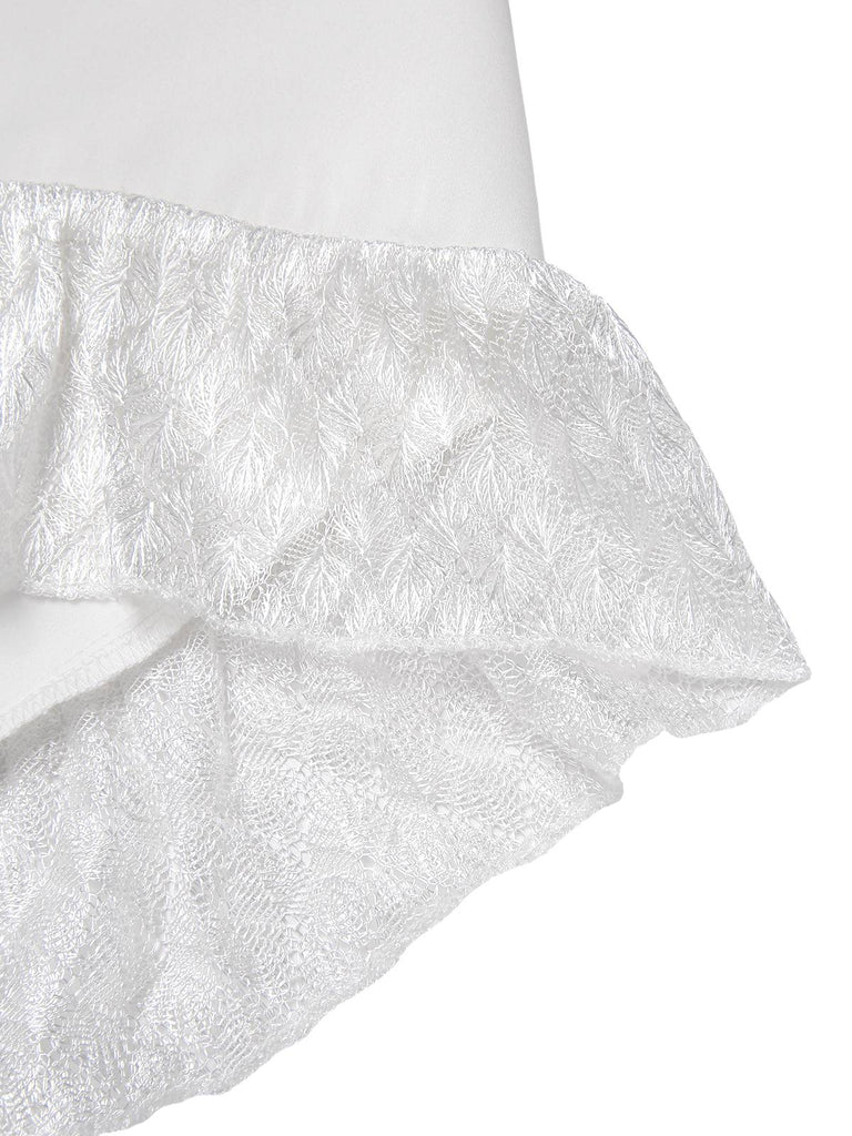 [Pre-Sale] White 1960s Split Flare Sleeve Lace Ruched Dress