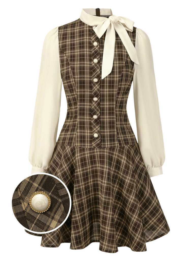 [Pre-Sale] Brown 1960s Plaid Bow Tie Button Swing Dress