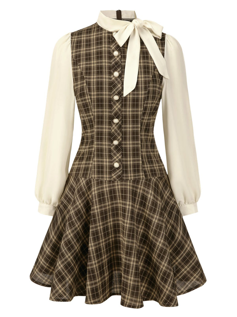 [Pre-Sale] Brown 1960s Plaid Bow Tie Button Swing Dress