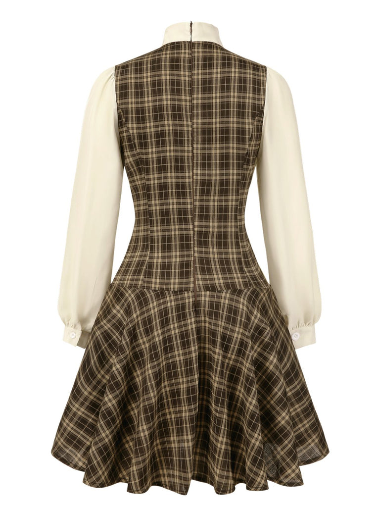 [Pre-Sale] Brown 1960s Plaid Bow Tie Button Swing Dress