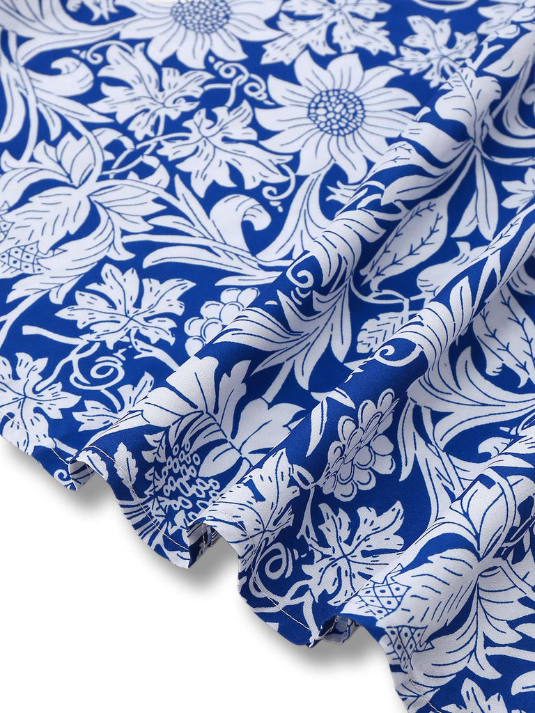 [Pre-Sale] Blue 1950s Ethnic Floral Round Neck Cap Sleeve Dress