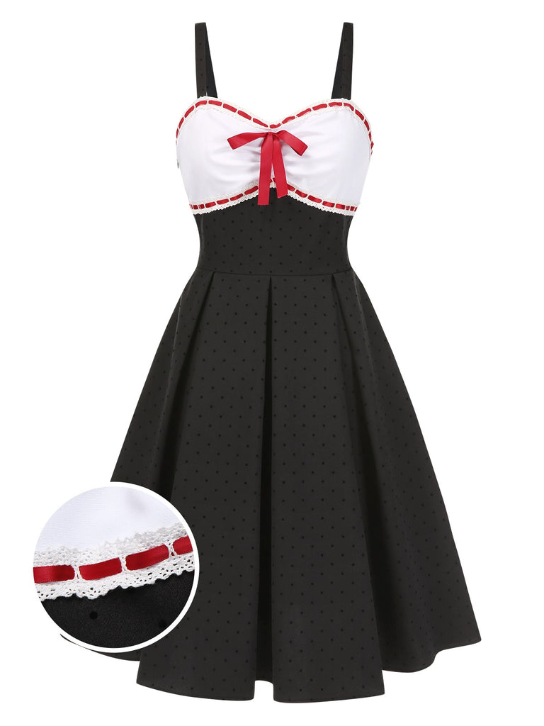 [Pre-Sale] Gray 1950s Lace Polka Dot Bowknot Spaghetti Strap Dress