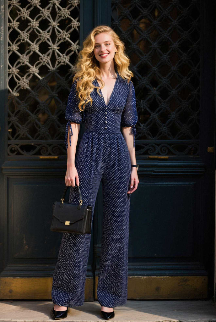 [Pre-Sale] Navy 1930s Polka Dot V Neck Jumpsuit