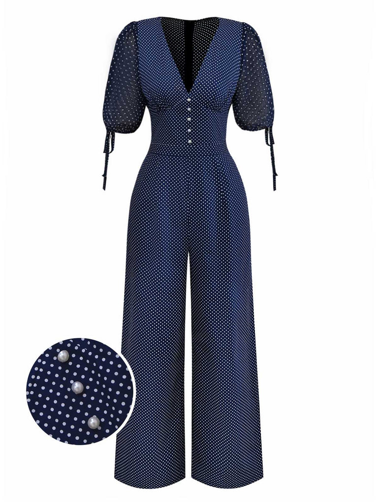 [Pre-Sale] Navy 1930s Polka Dot V Neck Jumpsuit