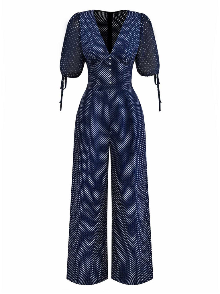 [Pre-Sale] Navy 1930s Polka Dot V Neck Jumpsuit