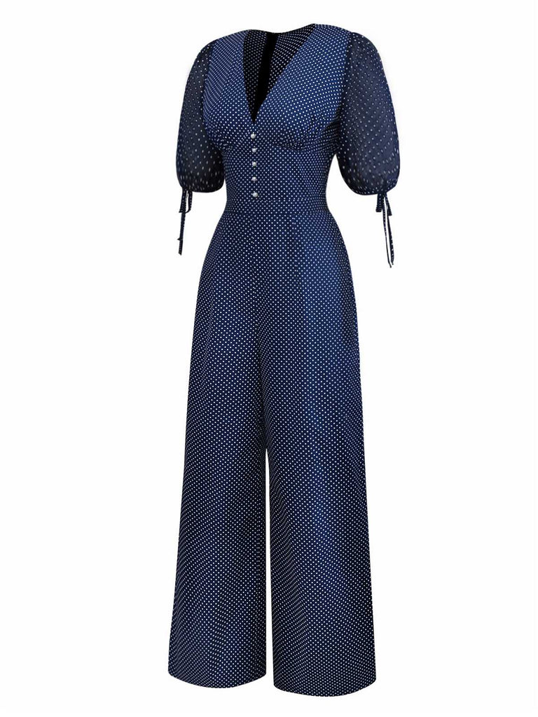 [Pre-Sale] Navy 1930s Polka Dot V Neck Jumpsuit