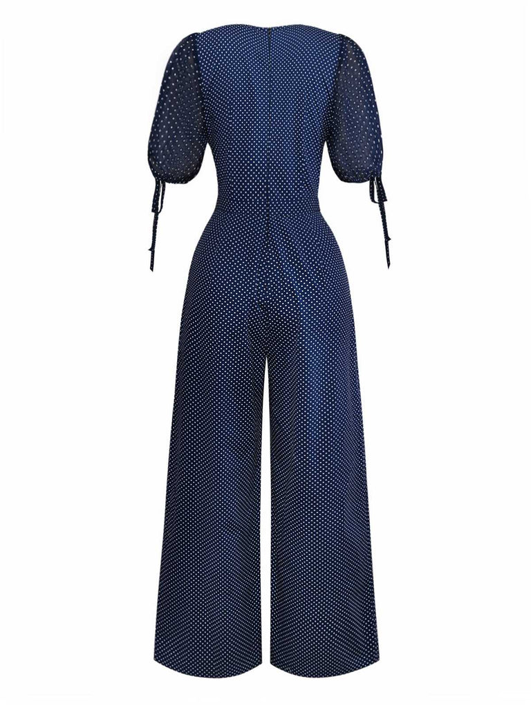 [Pre-Sale] Navy 1930s Polka Dot V Neck Jumpsuit