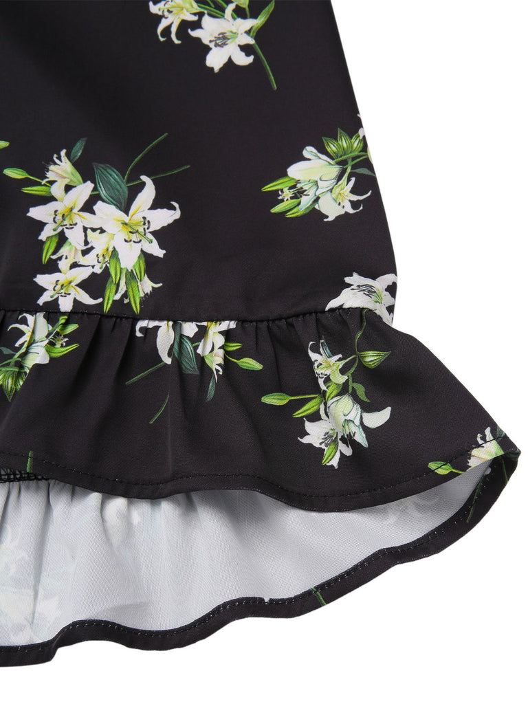 [Pre-Sale] Black 1950s Lily Ruffled V-Neck Wrap Dress