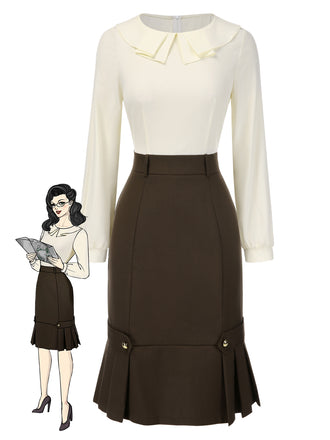 Brown 1960s Contrast Collar Long Sleeve Pencil Dress