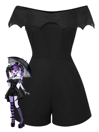 Black 1950s Gothic Bat Off-Shoulder Mesh Romper