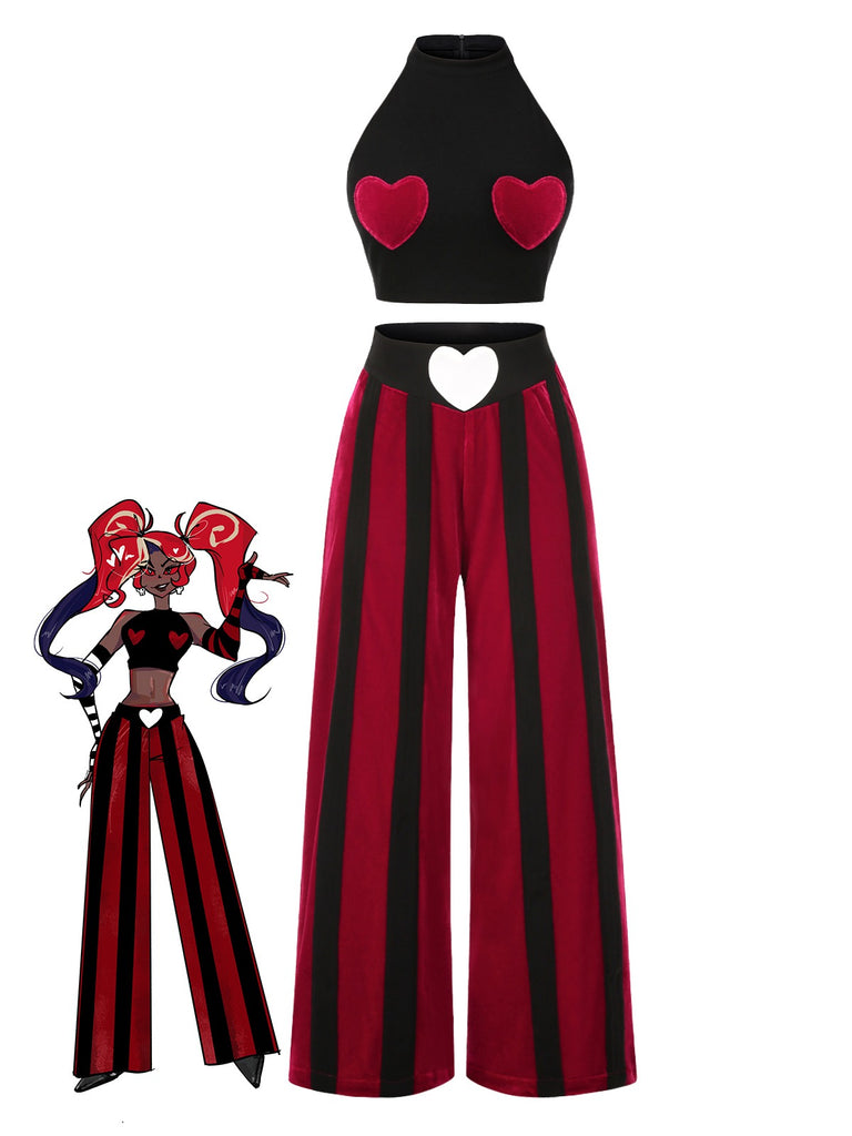 [Pre-Sale] 2PCS Black 1940s Heart Colorblock Crop Top & Pants