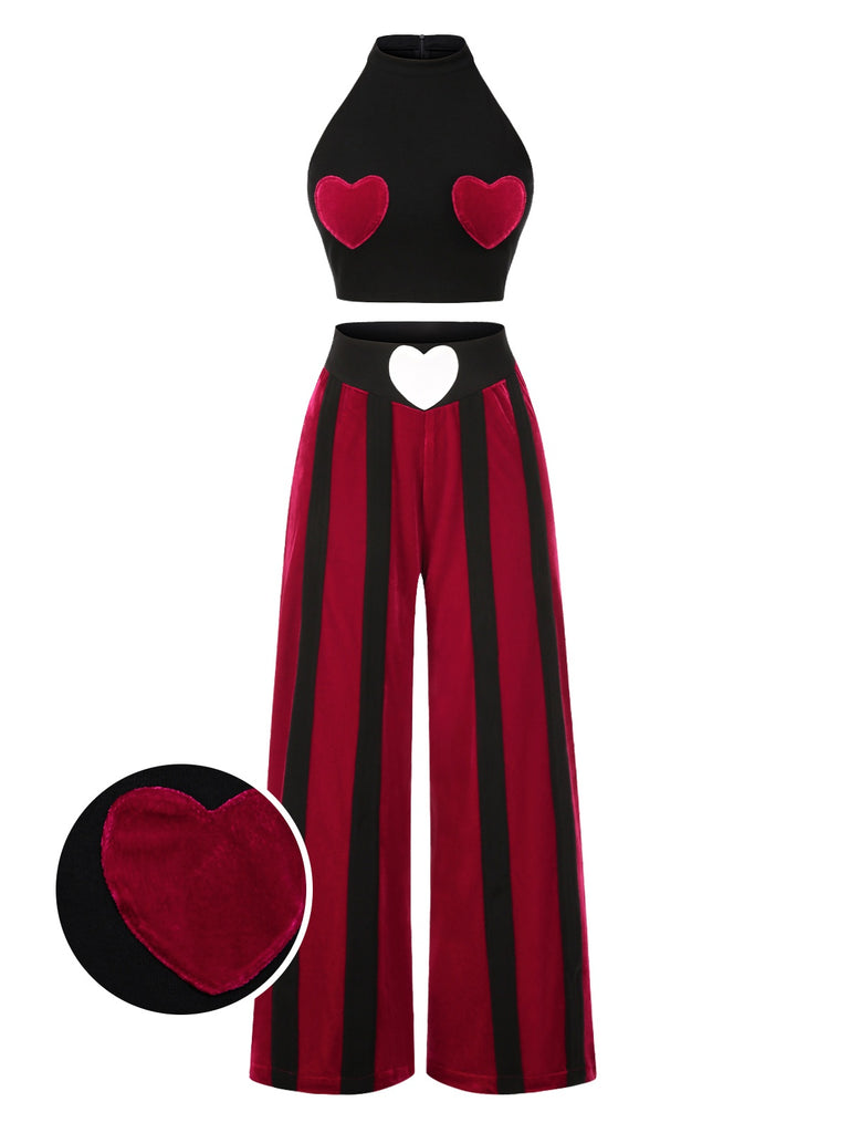 [Pre-Sale] 2PCS Black 1940s Heart Colorblock Crop Top & Pants