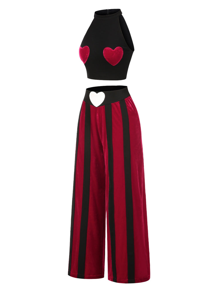 [Pre-Sale] 2PCS Black 1940s Heart Colorblock Crop Top & Pants