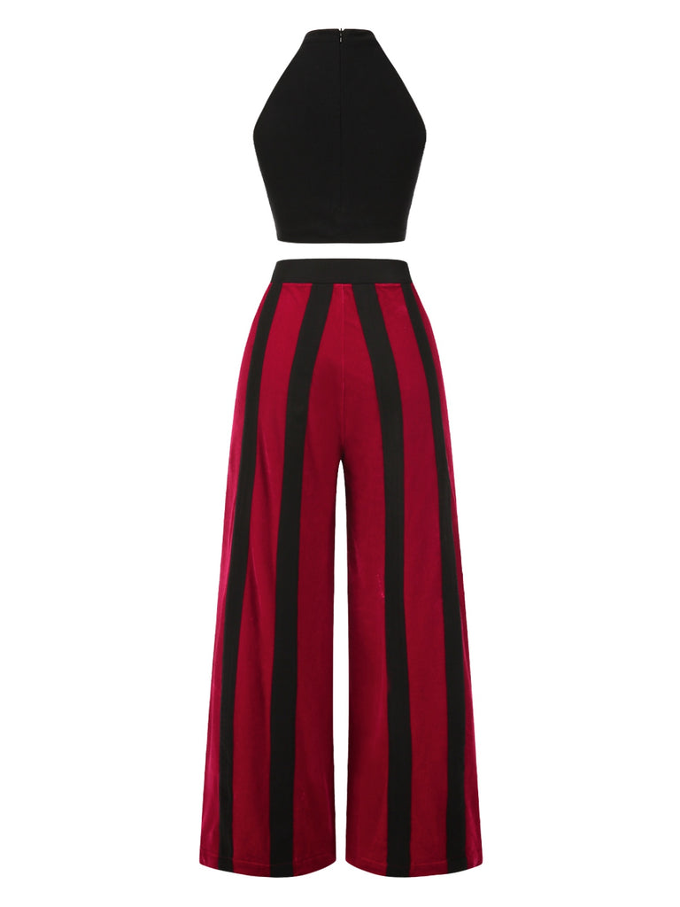 [Pre-Sale] 2PCS Black 1940s Heart Colorblock Crop Top & Pants