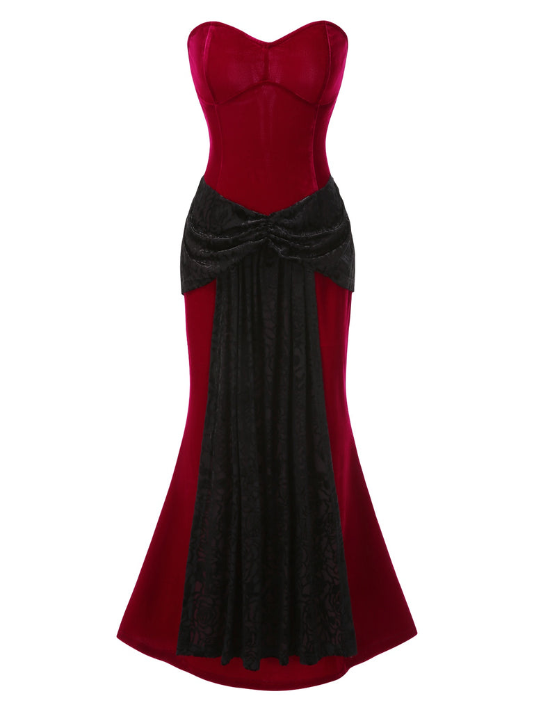 [Pre-Sale] 2PCS Red & Black 1930s Velvet Bandeau Fishtail Dress & Cape