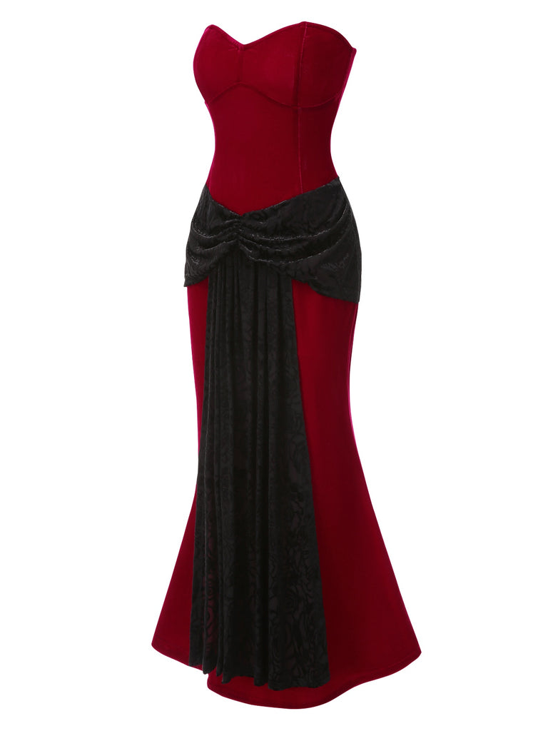 [Pre-Sale] 2PCS Red & Black 1930s Velvet Bandeau Fishtail Dress & Cape