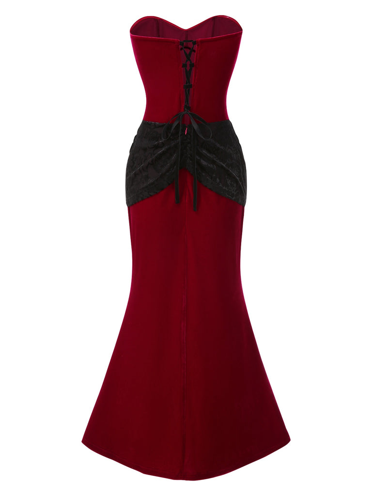 [Pre-Sale] 2PCS Red & Black 1930s Velvet Bandeau Fishtail Dress & Cape