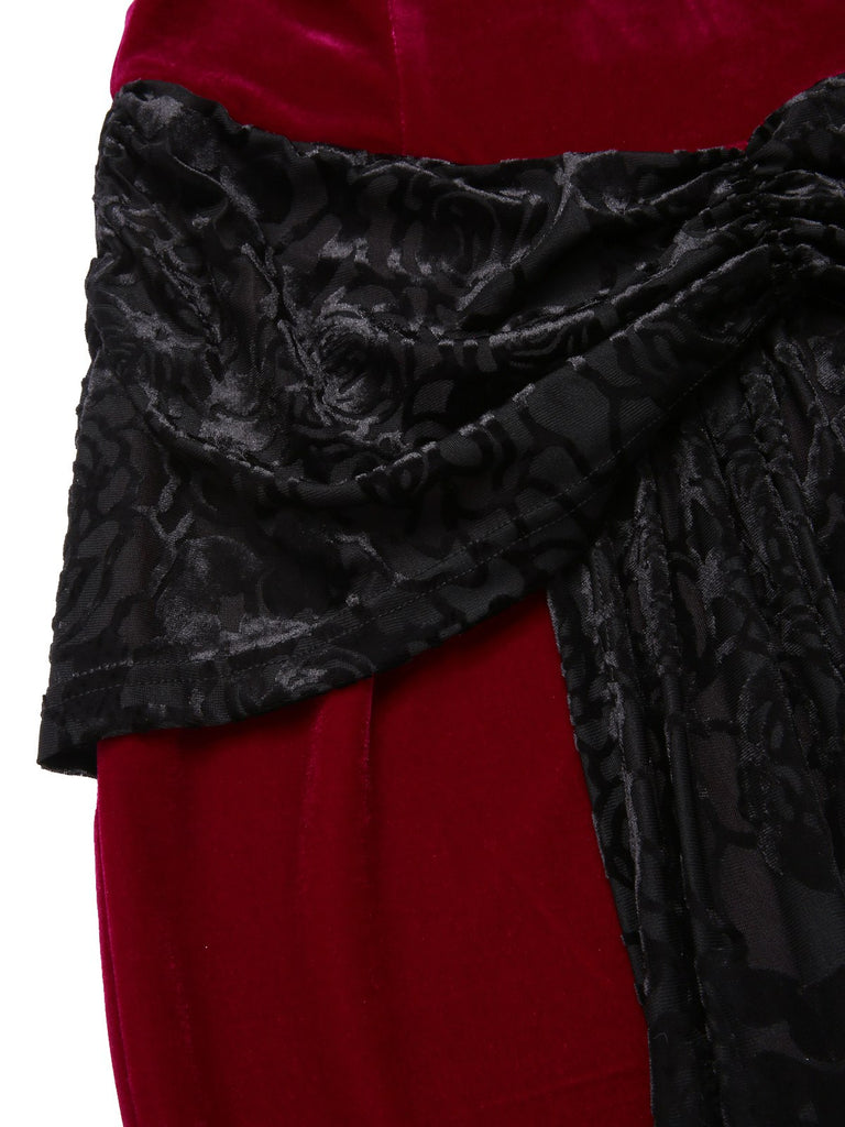 [Pre-Sale] 2PCS Red & Black 1930s Velvet Bandeau Fishtail Dress & Cape