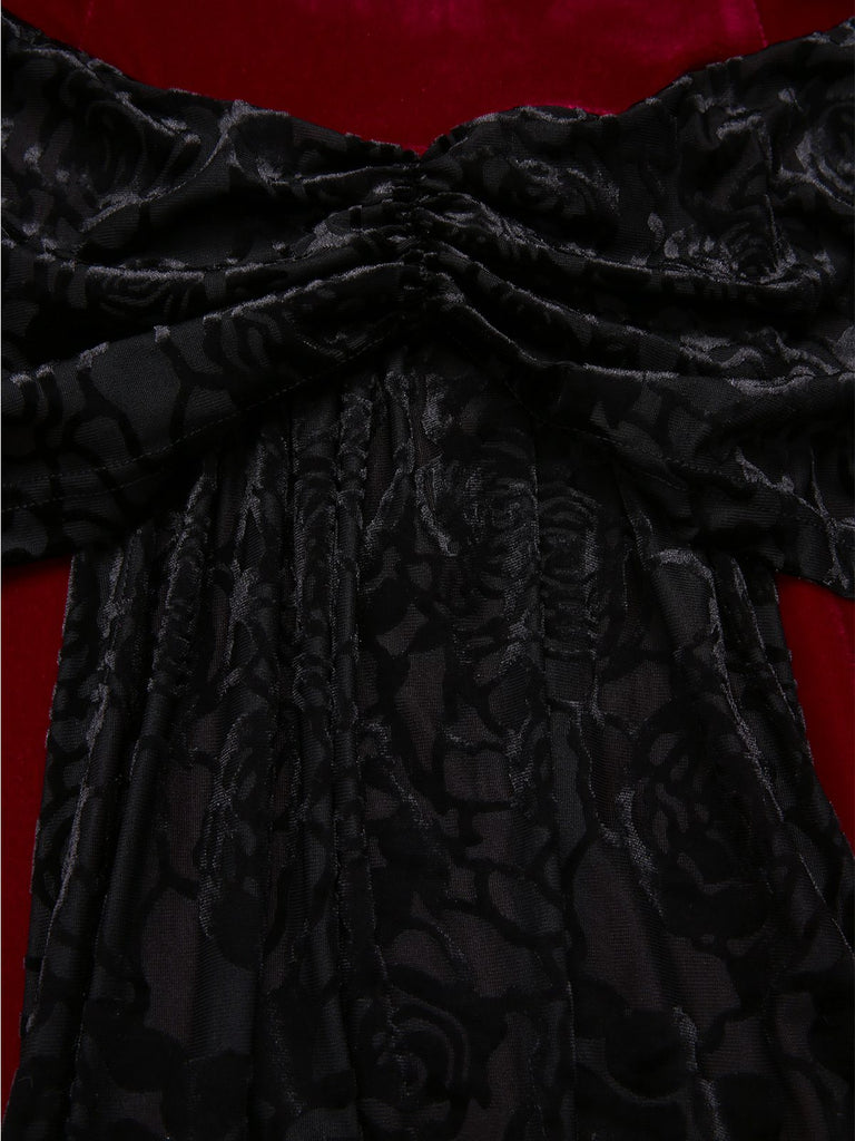 [Pre-Sale] 2PCS Red & Black 1930s Velvet Bandeau Fishtail Dress & Cape