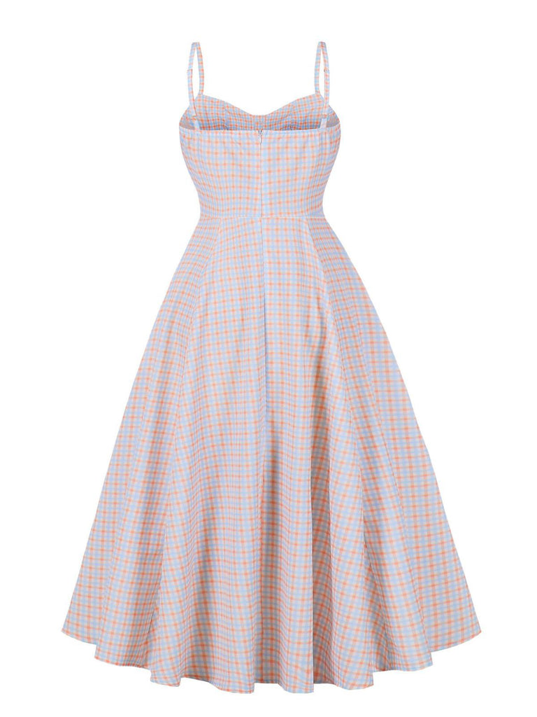 White 1950s Gingham Plaid Spaghetti Strap Dress