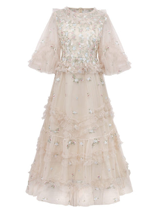 Beige 1930s Floral Embroidery Illusion Mesh Ruffled Dress