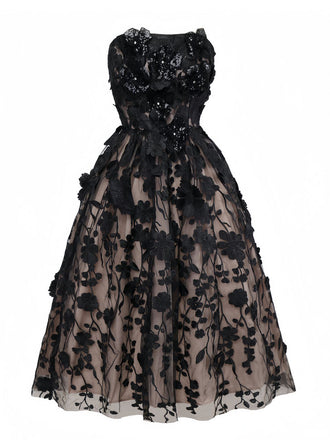 Black 1950s Bandeau Mesh 3D-Floral Patchwork Dress