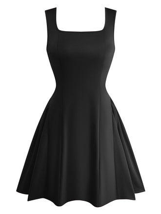 1950s Solid Square Neck Wide Strap Ruched Dress