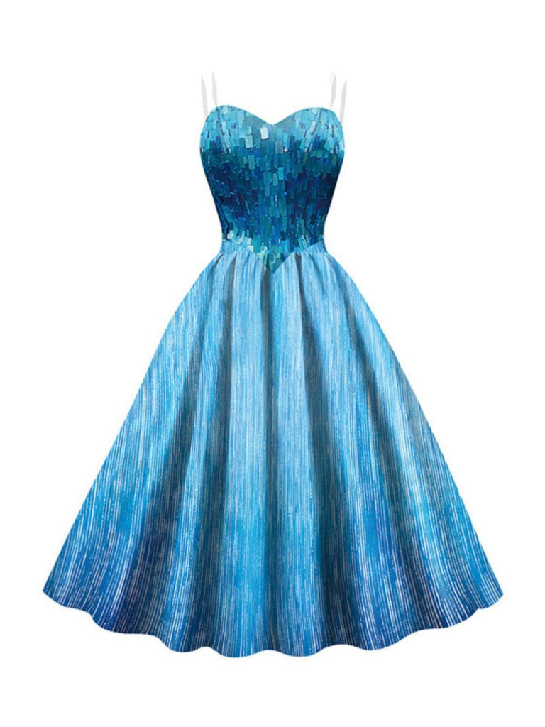 Blue 1950s Halloween Elsa Sequined Snowflake Spaghetti Strap Dress