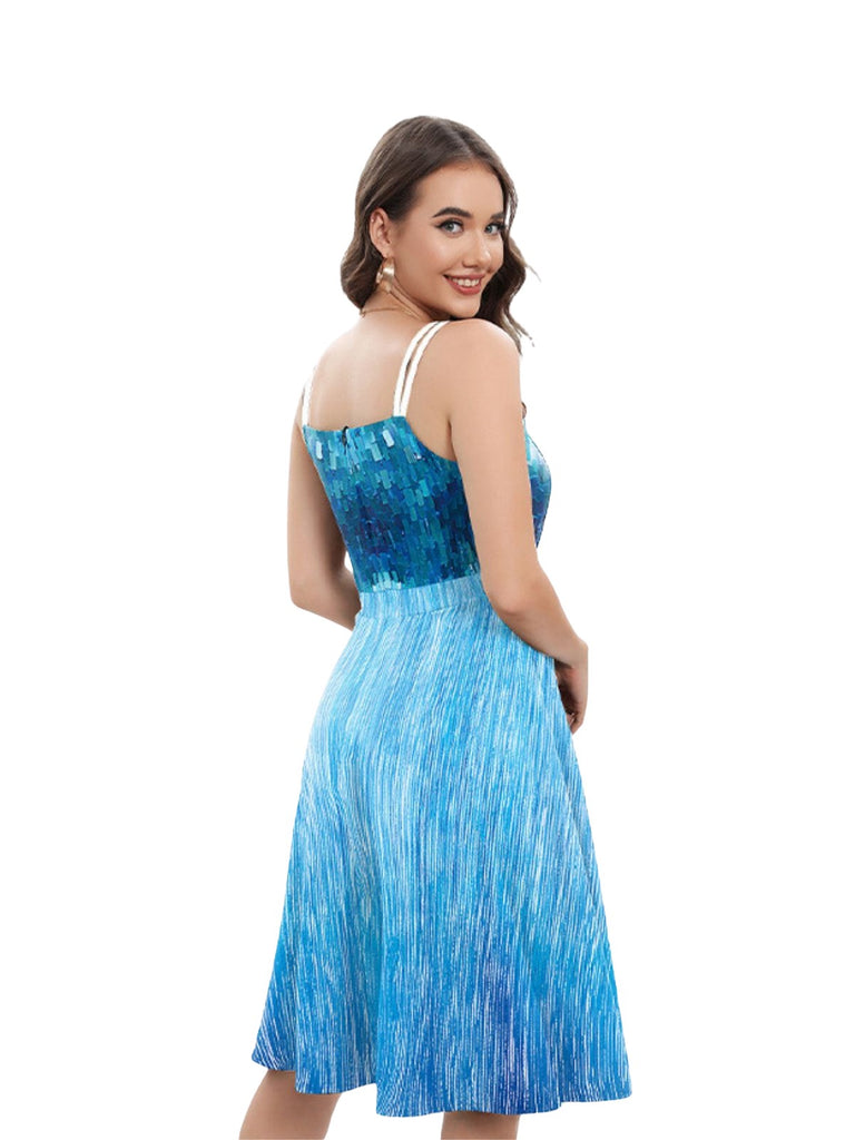 Blue 1950s Halloween Elsa Sequined Snowflake Spaghetti Strap Dress