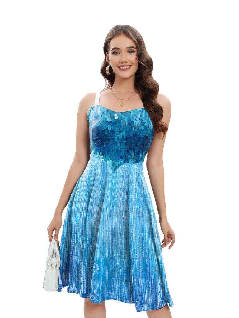 Blue 1950s Halloween Elsa Sequined Snowflake Spaghetti Strap Dress