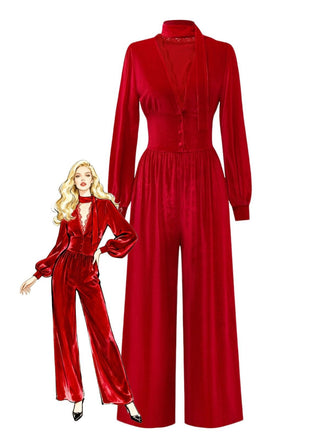 1950s Solid Keyhole High Neck Velvet Jumpsuit