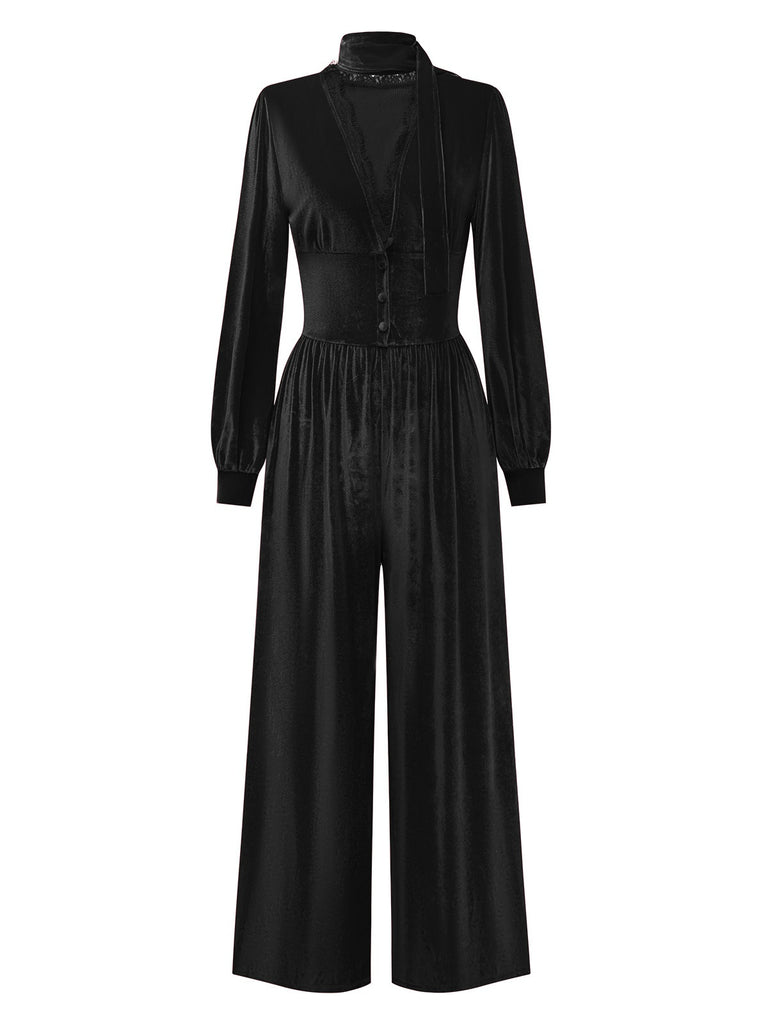1950s Solid Keyhole High Neck Velvet Jumpsuit