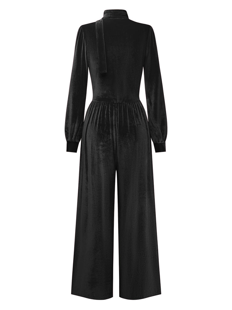 1950s Solid Keyhole High Neck Velvet Jumpsuit