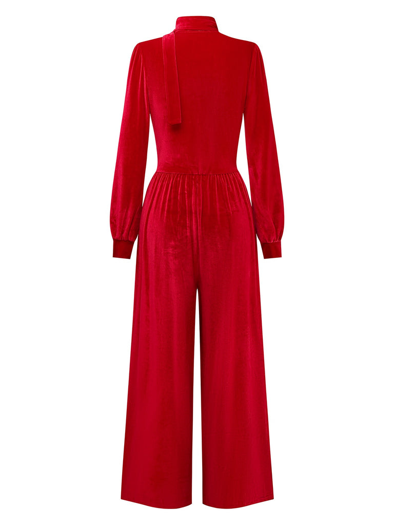 1950s Solid Keyhole High Neck Velvet Jumpsuit