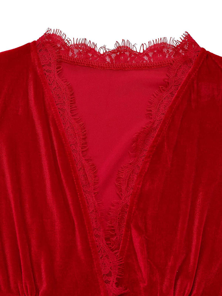 1950s Solid Keyhole High Neck Velvet Jumpsuit