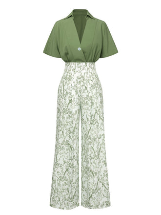 2PCS 1930s Dolman Sleeve Lapel Blouse & Floral Pants
