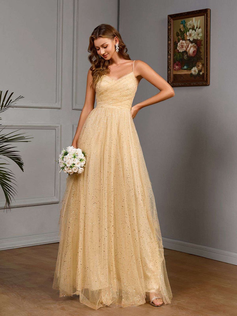 Gold 1930s Sequined V-Neck Mesh Spaghetti Strap Dress